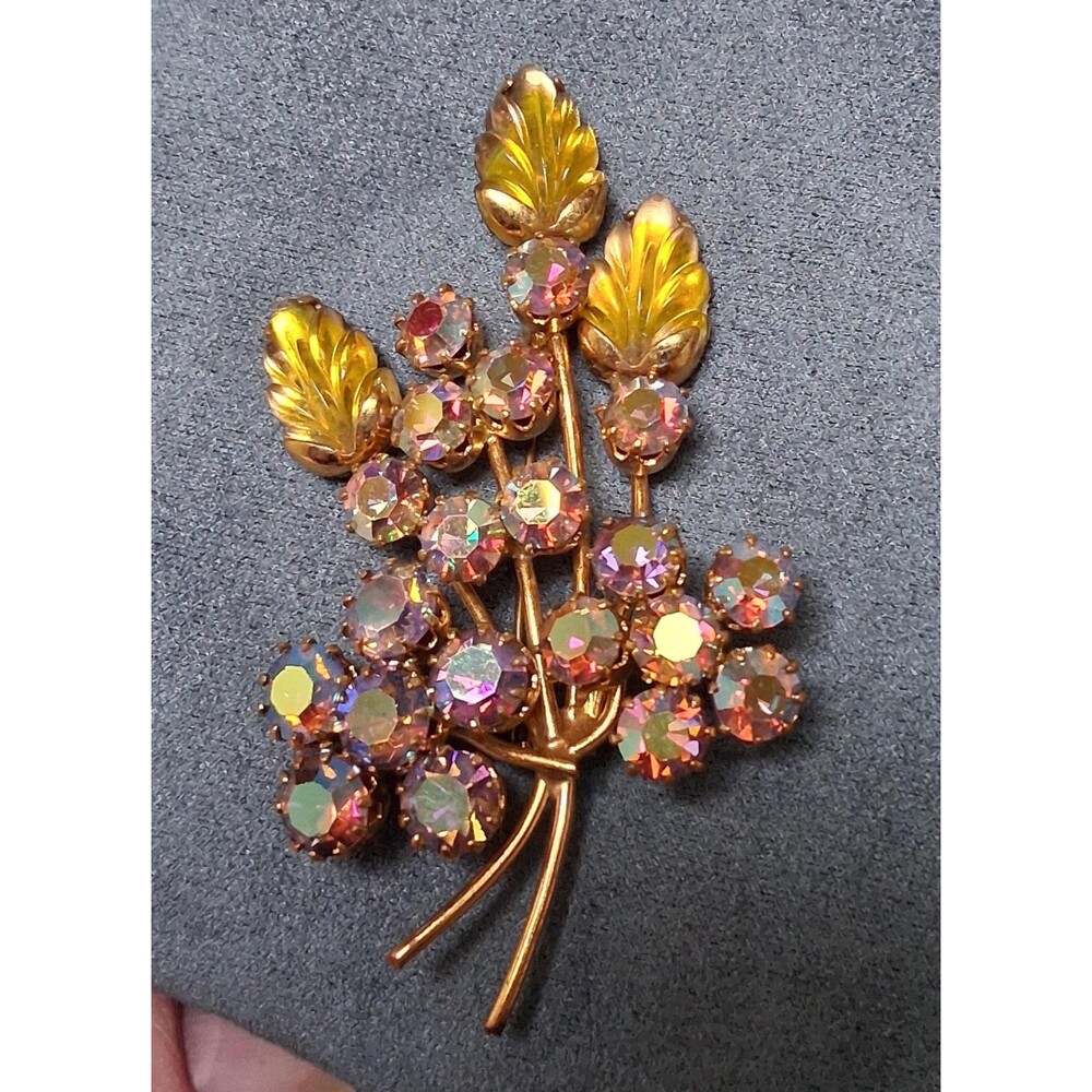 Molded Glass Flower Brooch Pink AB Rhinestones Vintage Pin